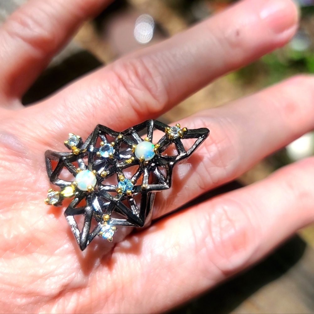 Gorgeous Opal & Aquamarine rhodium geometric style ring sz 7.75